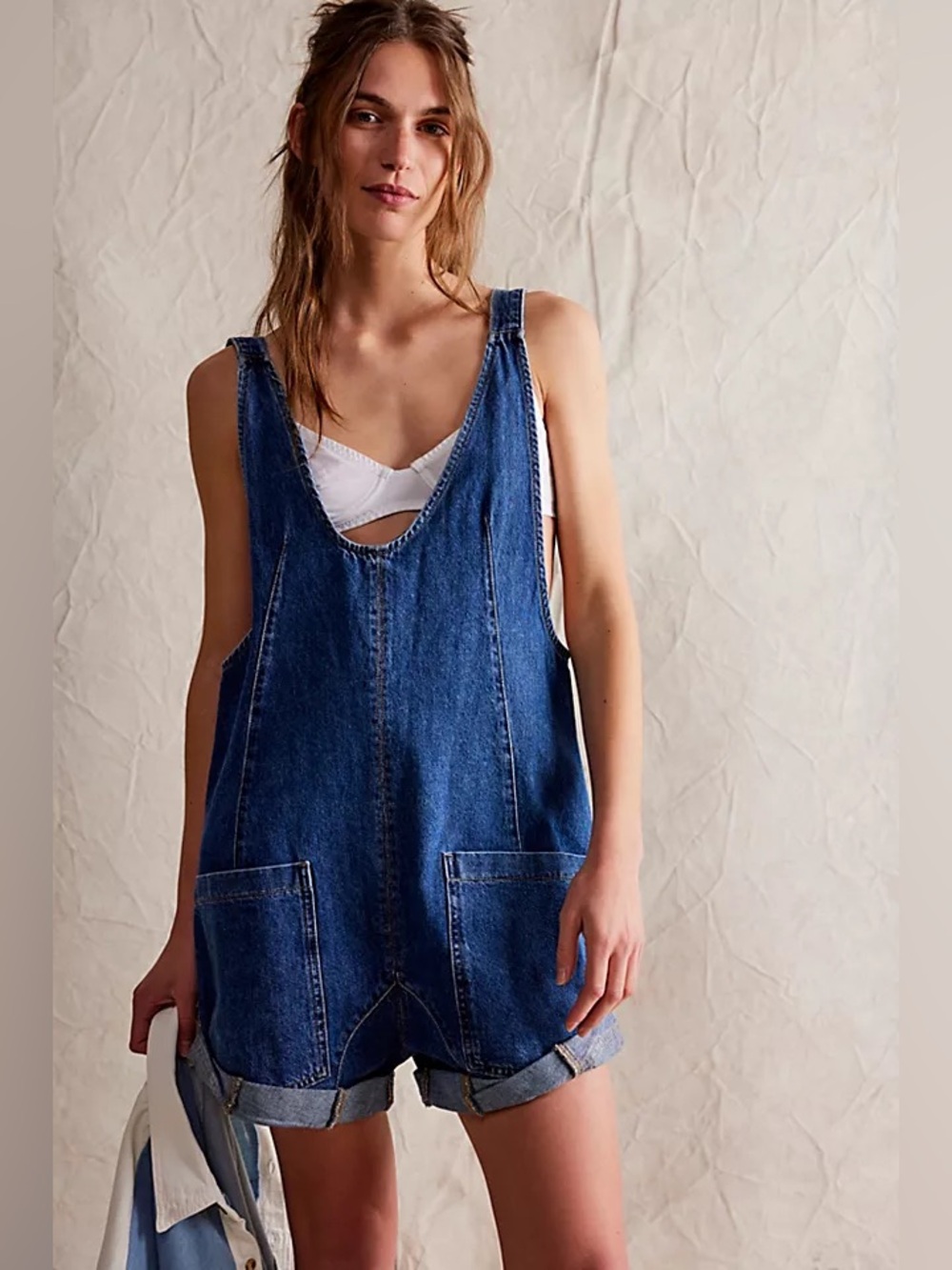 Free People High Roller Denim Shortalls in Dark Wash